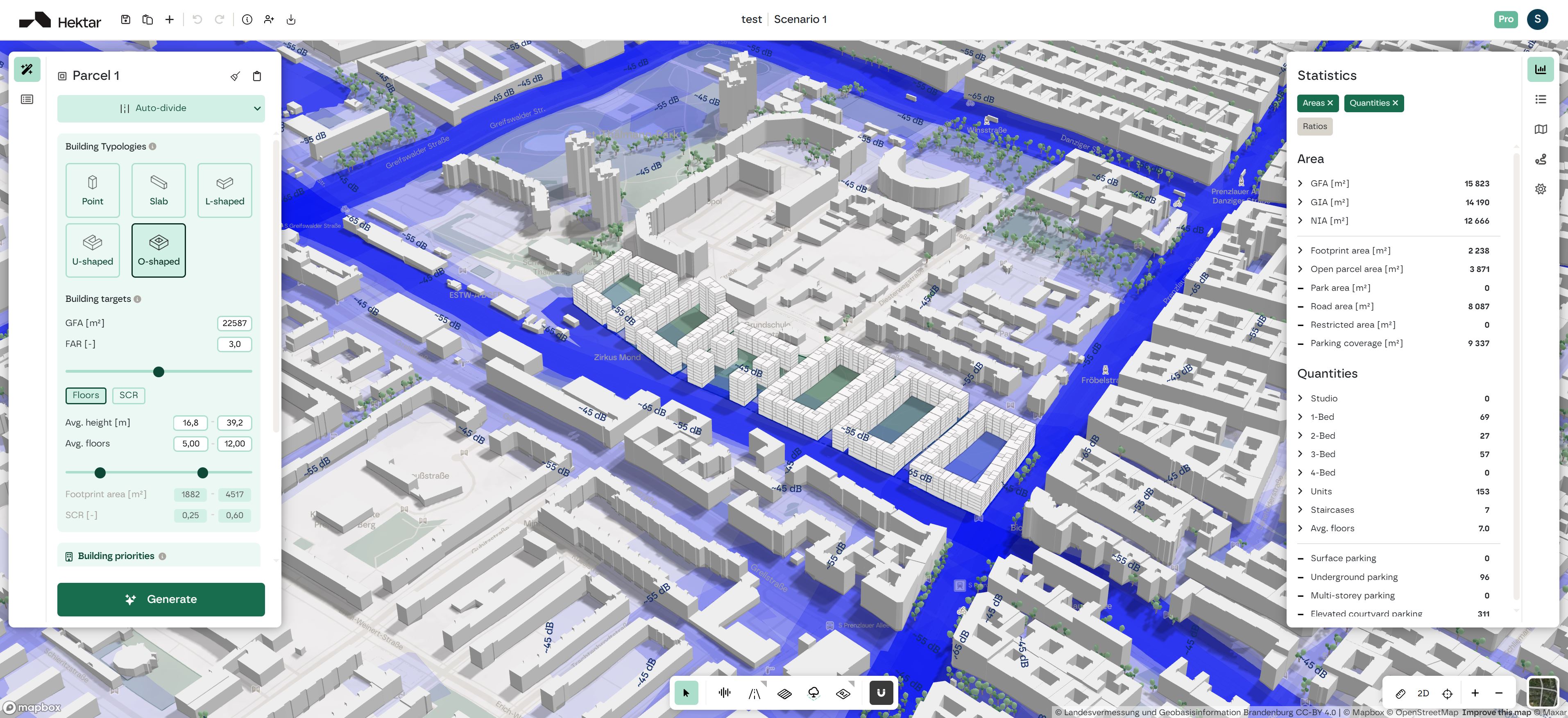 Noise levels in urban environments shaping design constraints and possibilities - design generated with AI in Hektar