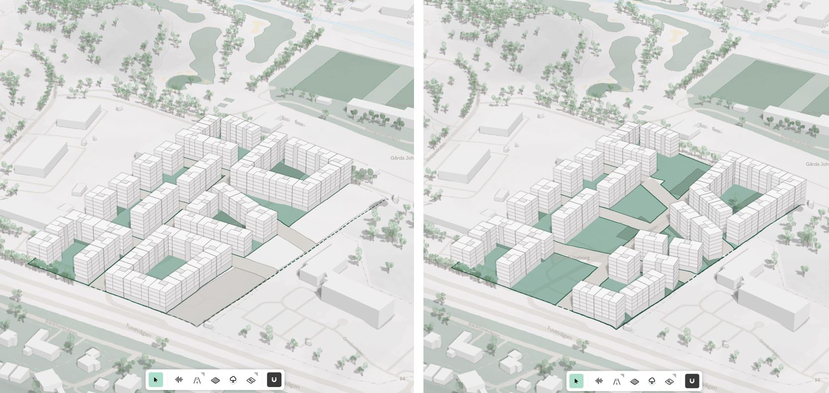 Two feasibility scenarios generated in Hektar AI. The same GFA: 688 units vs 550, resulting in different spatial qualities.