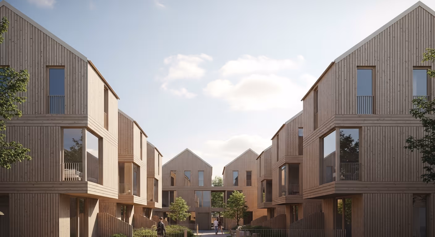 Modern three-story wooden townhouses with large windows and small trees along the pathway.