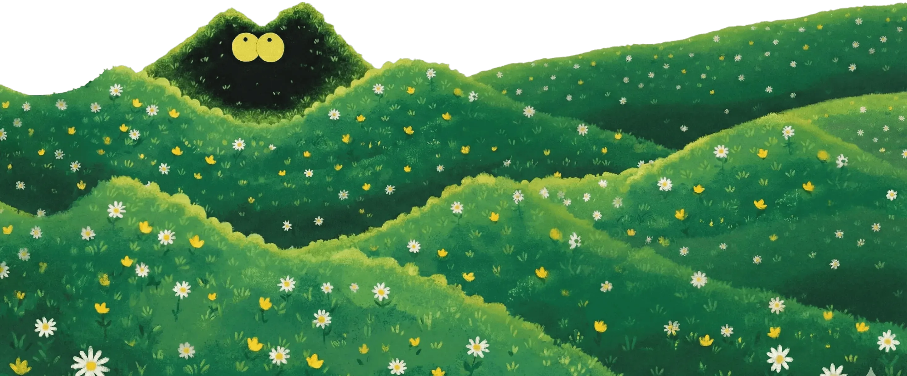 Collines verdoyantes couvertes de fleurs blanches et jaunes avec deux yeux jaunes brillants cachés dans un bosquet sombre.