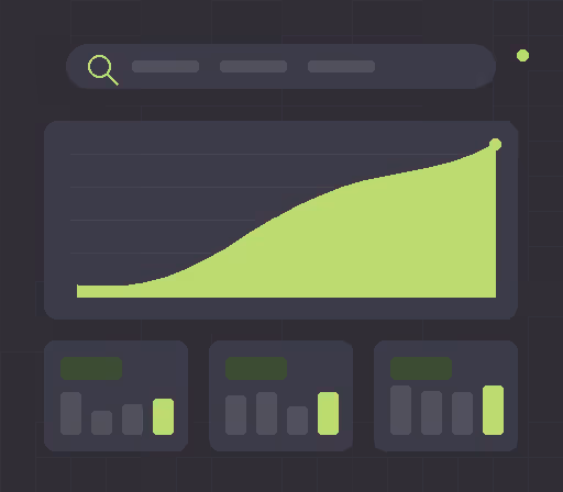 Tableau de bord avec graphique de tendance en courbe ascendante verte et trois petits graphiques à colonnes en bas sur fond sombre.