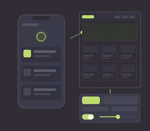 Schéma sombre montrant la connexion entre une interface mobile et deux éléments d'interface utilisateur de bureau, avec des accents verts fluorescents.