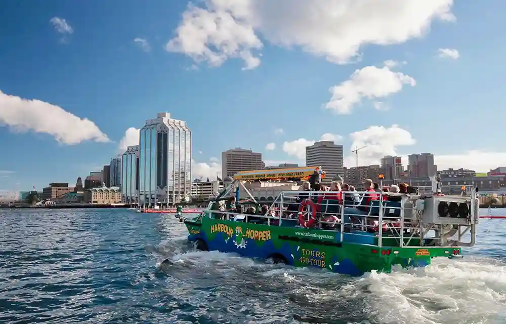 The Harbour Hopper cruises towards Purdy's Towers while on tour in Halifax Harbour.