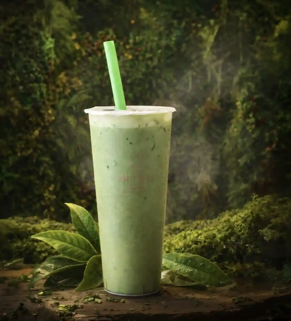 Tall cup with a green coloured drink, big green straw set against a rainforest backdrop.