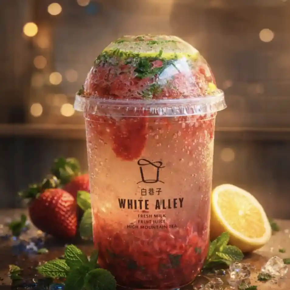 A soda beverage with crushed strawberries served in a clear cup which is surrounded by strawberries and lemons.