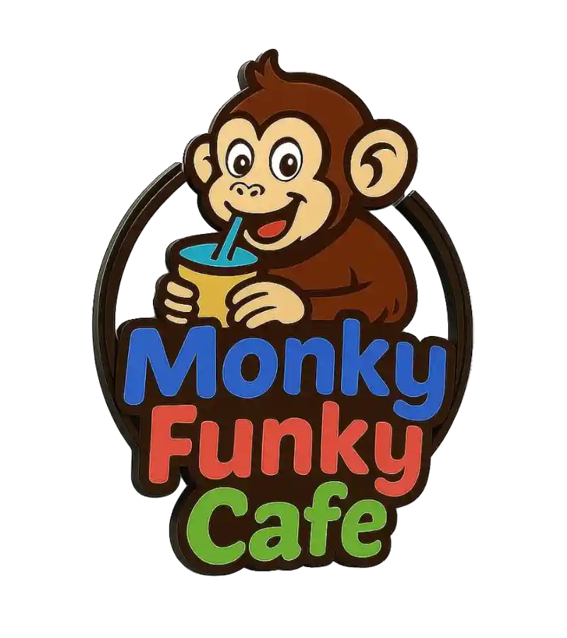 Monky Funky Cafe logo - a monkey drinking a beverage.