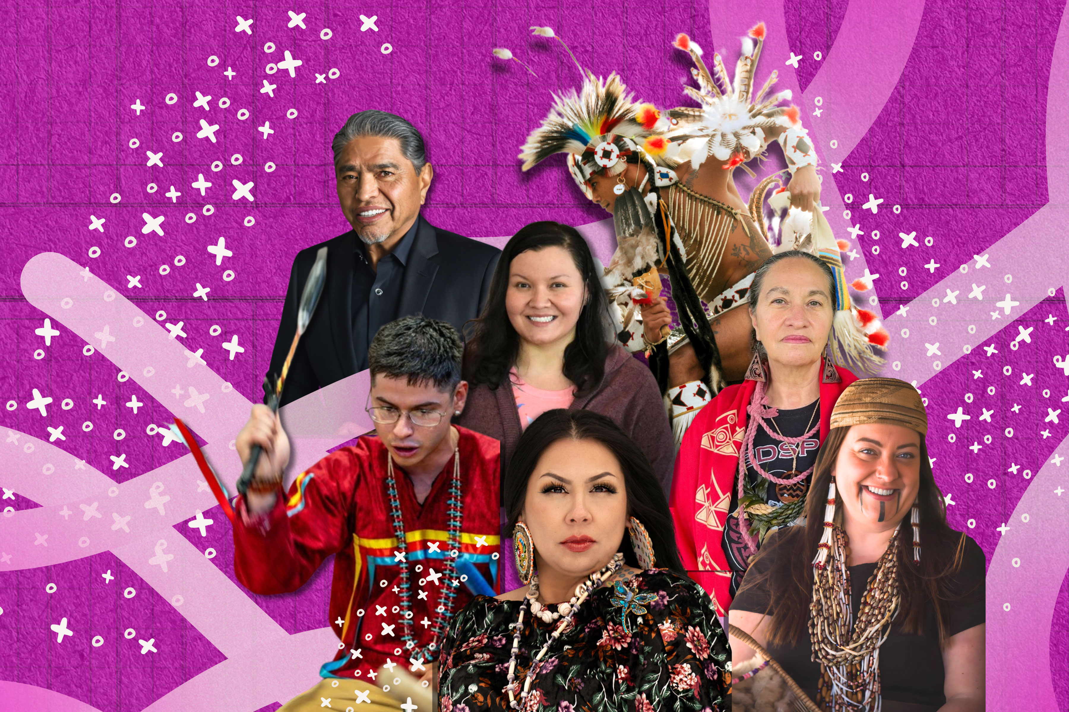 A close up of a Native artists hands holding weaving a basket.