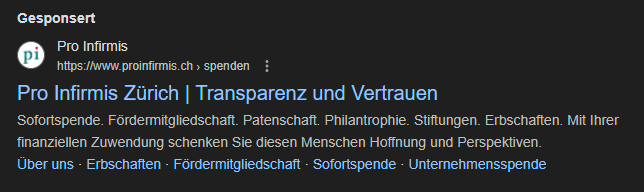 Ein Beispiel einer Google Search Anzeige für Pro Infirmis für den Blog-Artikel von Inpakt.a