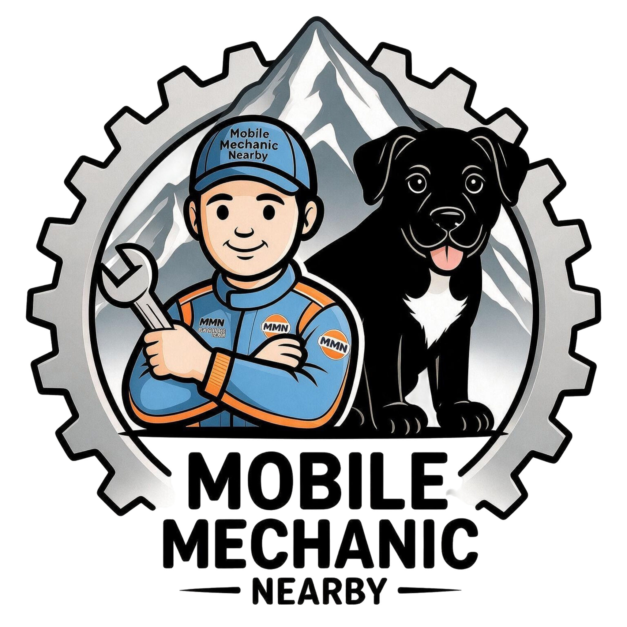 Logo showing a cartoon mechanic in blue uniform holding a wrench, standing next to a black dog with tongue out, with a mountain and gear shaped background and text Mobile Mechanic Nearby.