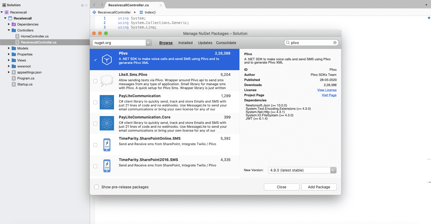 Install Plivo Nuget Package