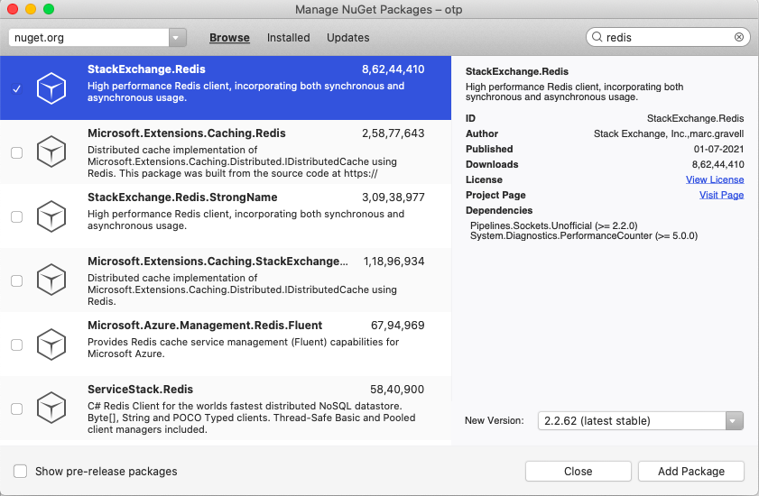Install Redis Nuget Packag