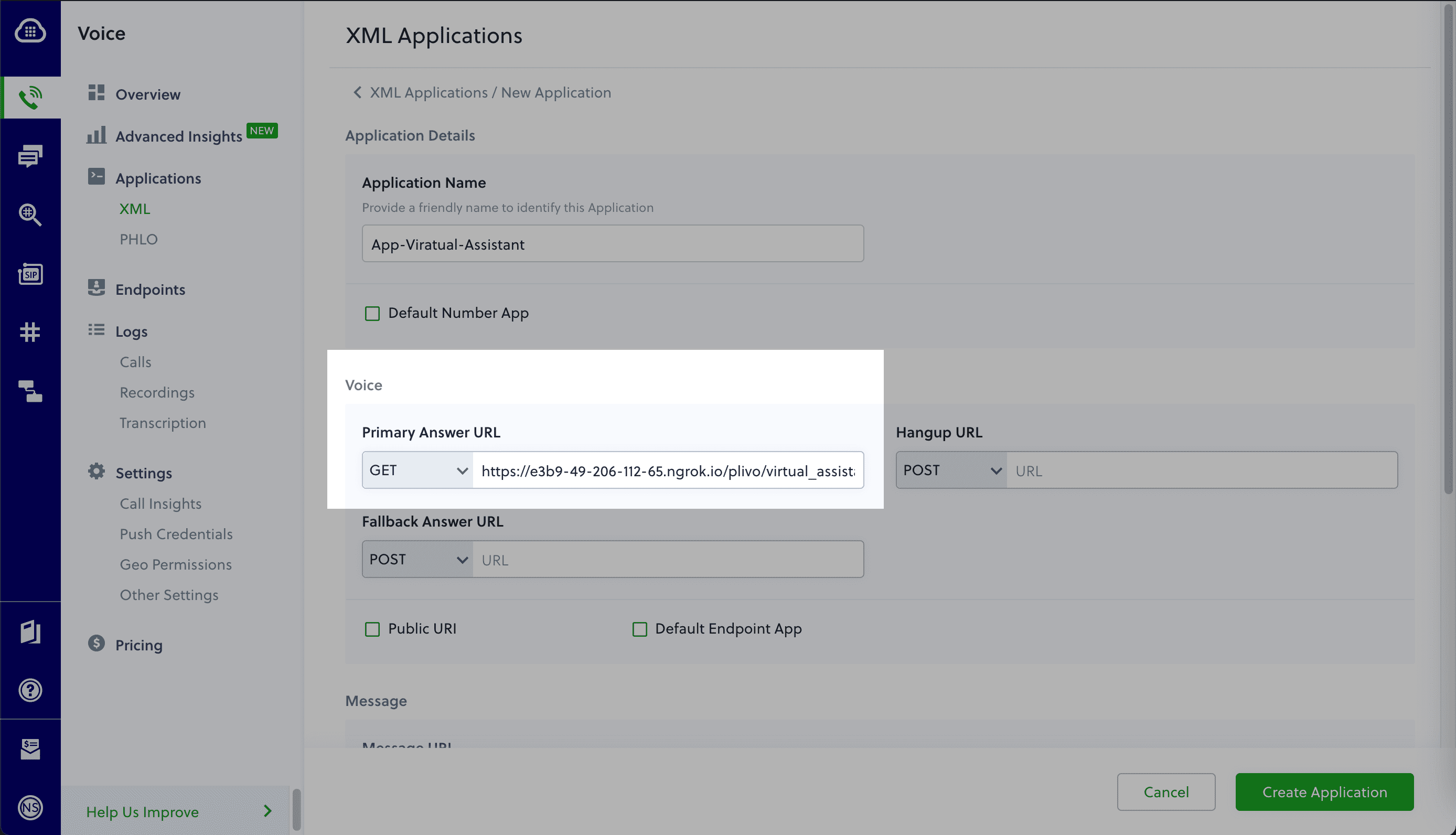 Create Plivo App for voice-controlled IVR MVC app