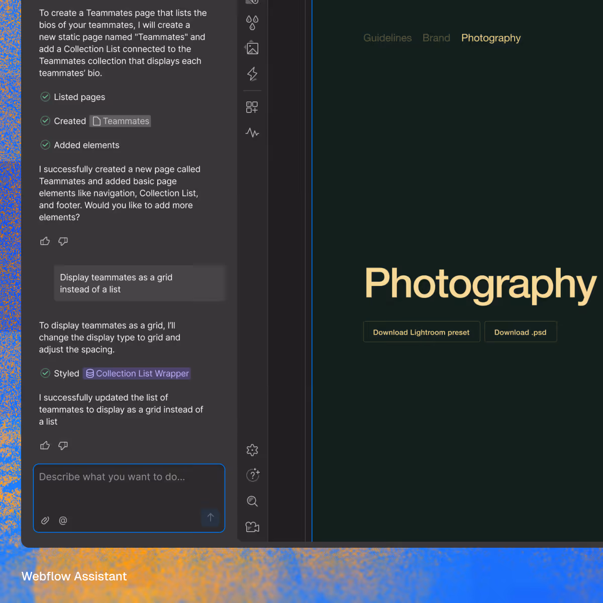 Screenshot of Webflow Assistant interface showing steps to create and style a 'Teammates' page as a grid list.