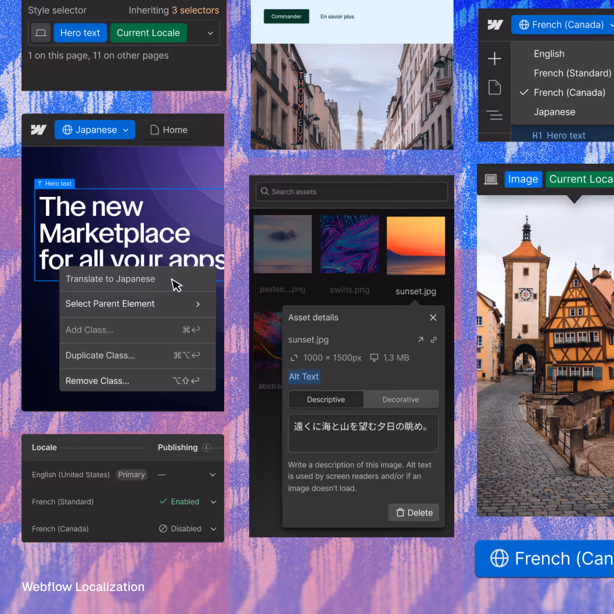 Screenshots of a localization interface showing language options, translation, image alt text, and locale settings.