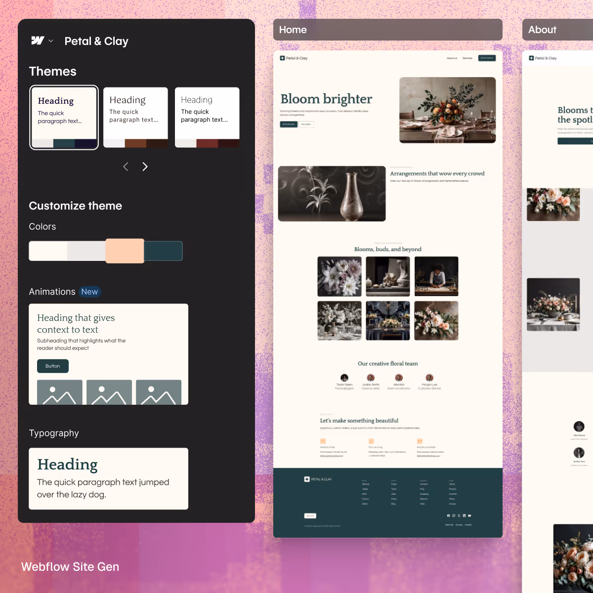 Webflow site editor interface showing theme customization and a floral website preview for Petal & Clay.