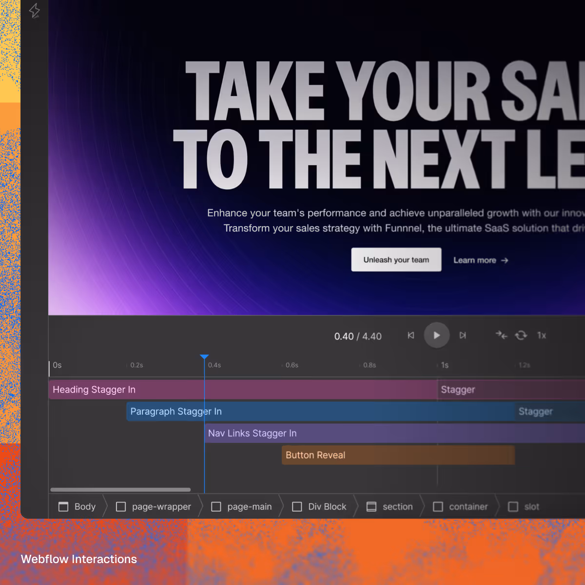 Webflow Interactions panel showing animation timeline for heading, paragraph, nav links, and button reveal.