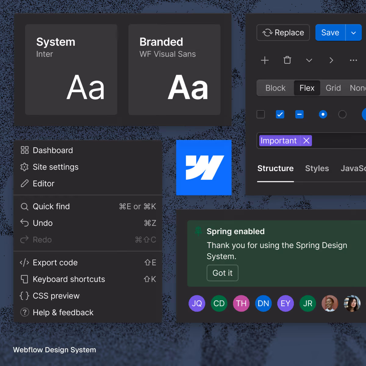 Webflow Design System interface showing font options, menu, save button, and Spring enabled notification.