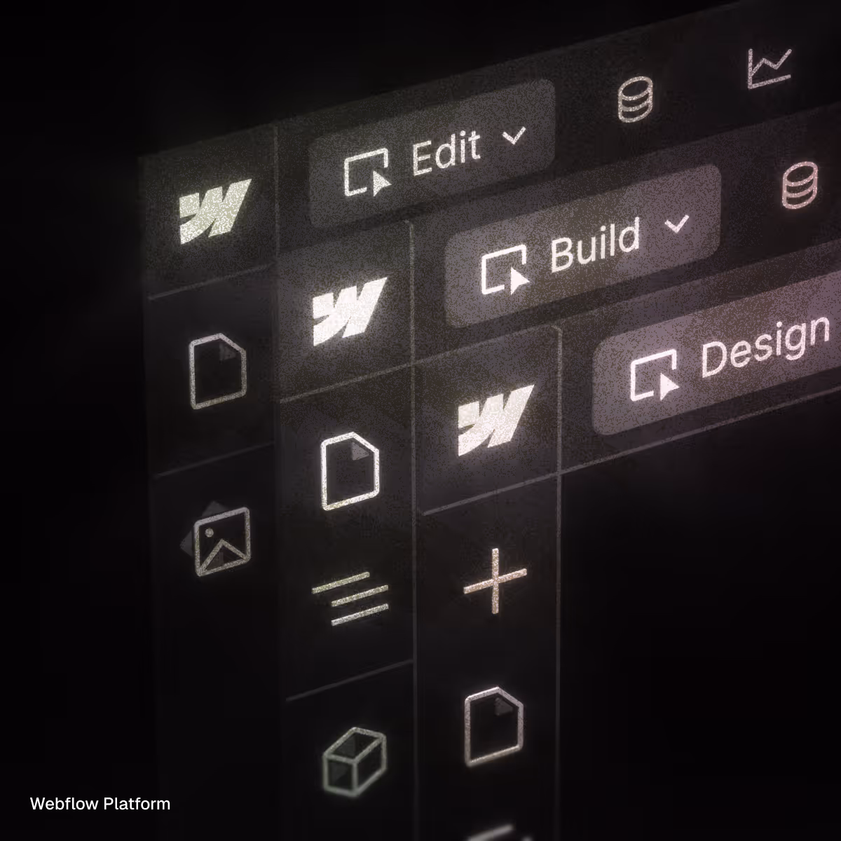 User interface with Edit, Build, and Design buttons highlighted on a dark Webflow platform dashboard.