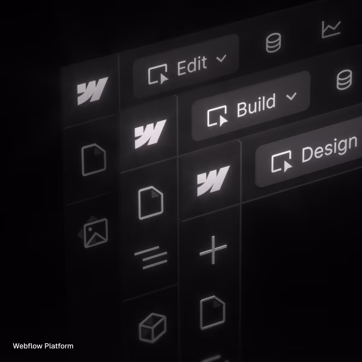 User interface with Edit, Build, and Design buttons highlighted on a dark Webflow platform dashboard.