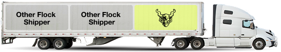 White semi-truck with a trailer featuring two sections labeled 'Other Flock Shipper' and a yellow section with the Stone Brewing logo.