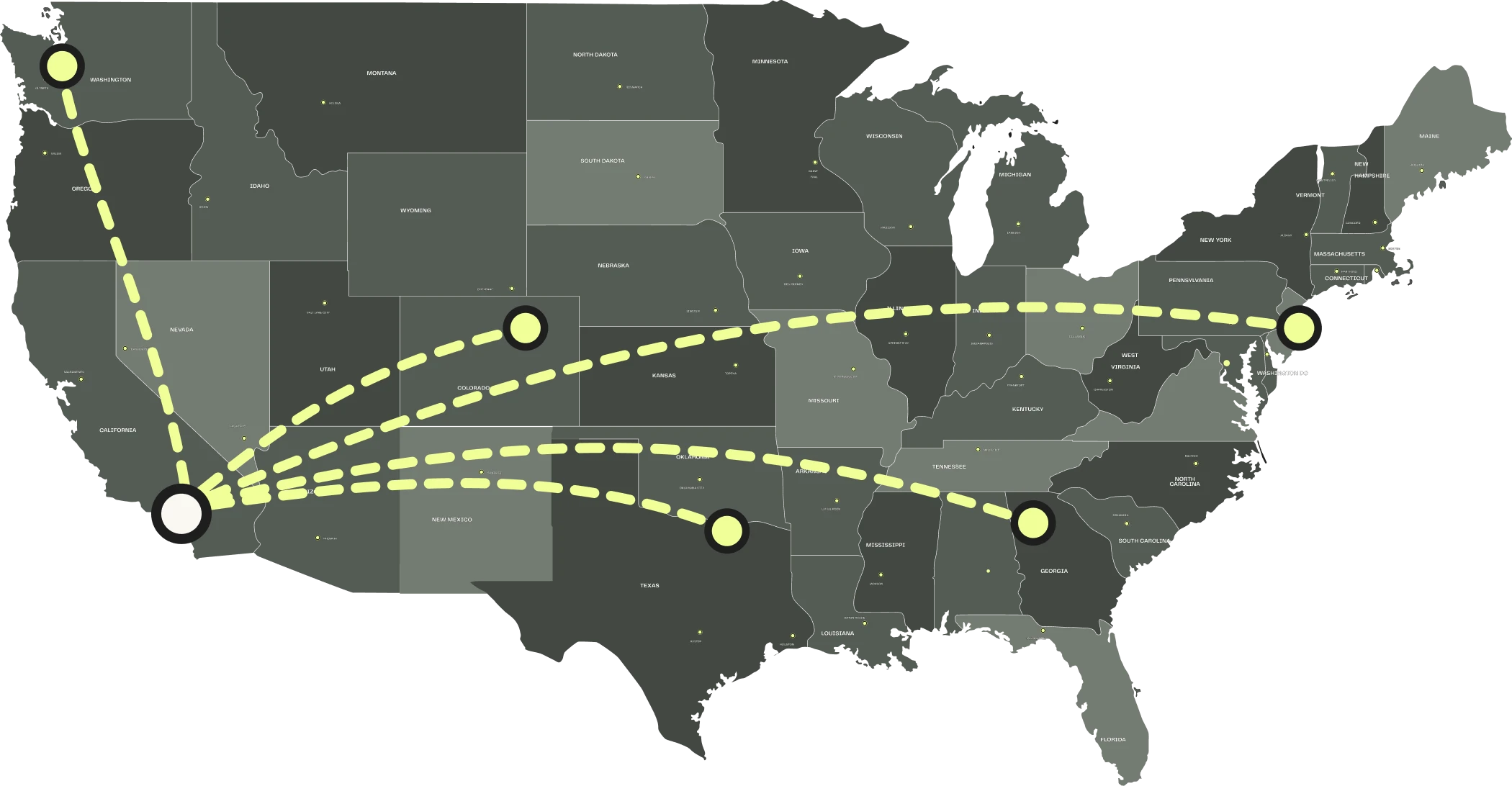 Map showing shipping routes from Southern California to Atlanta, New Jersey, Denver, Seattle, and Dallas