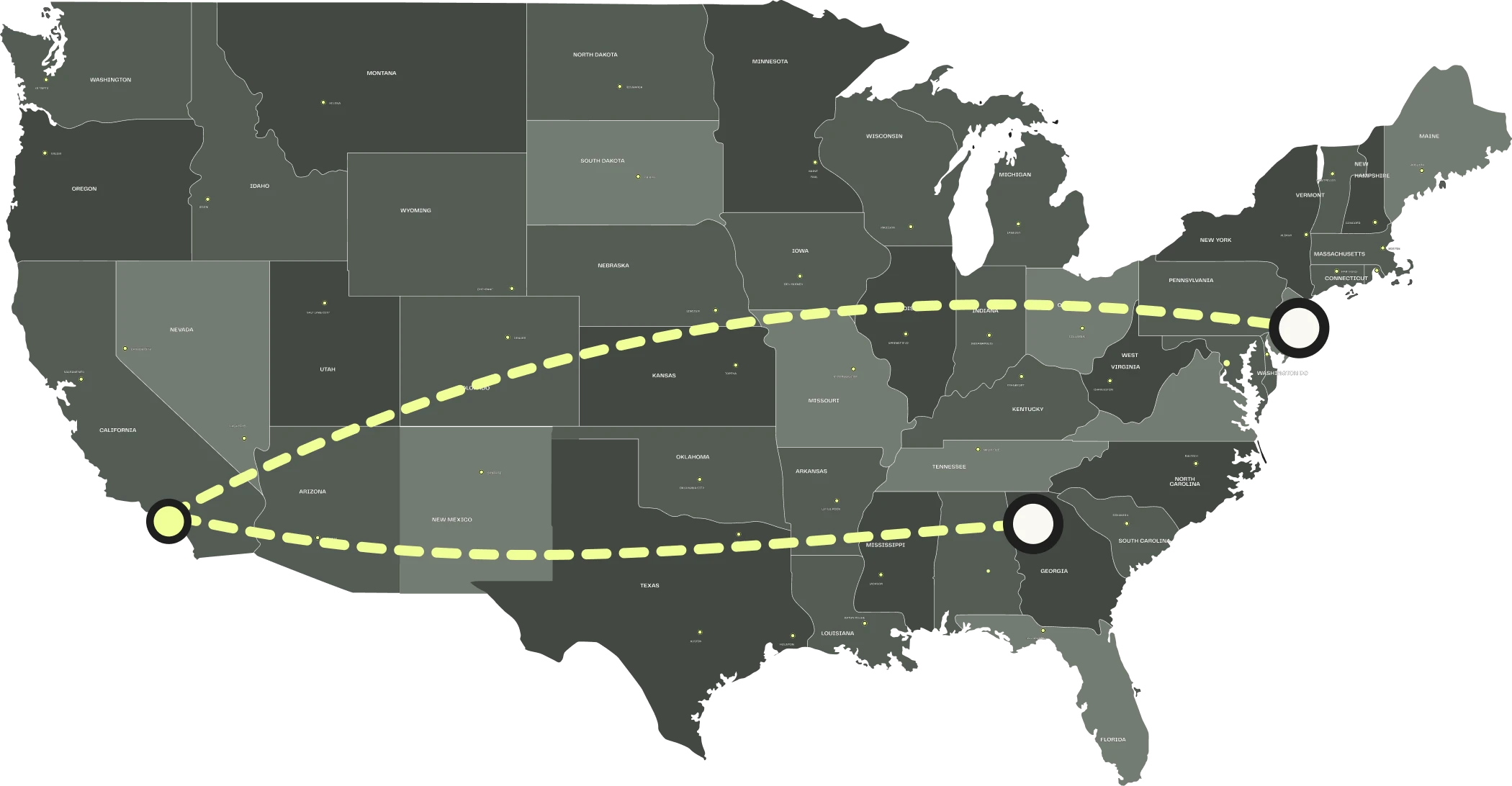 Map showing shipping routes from New Jersey to Southern California and from Atlanta to Los Angeles