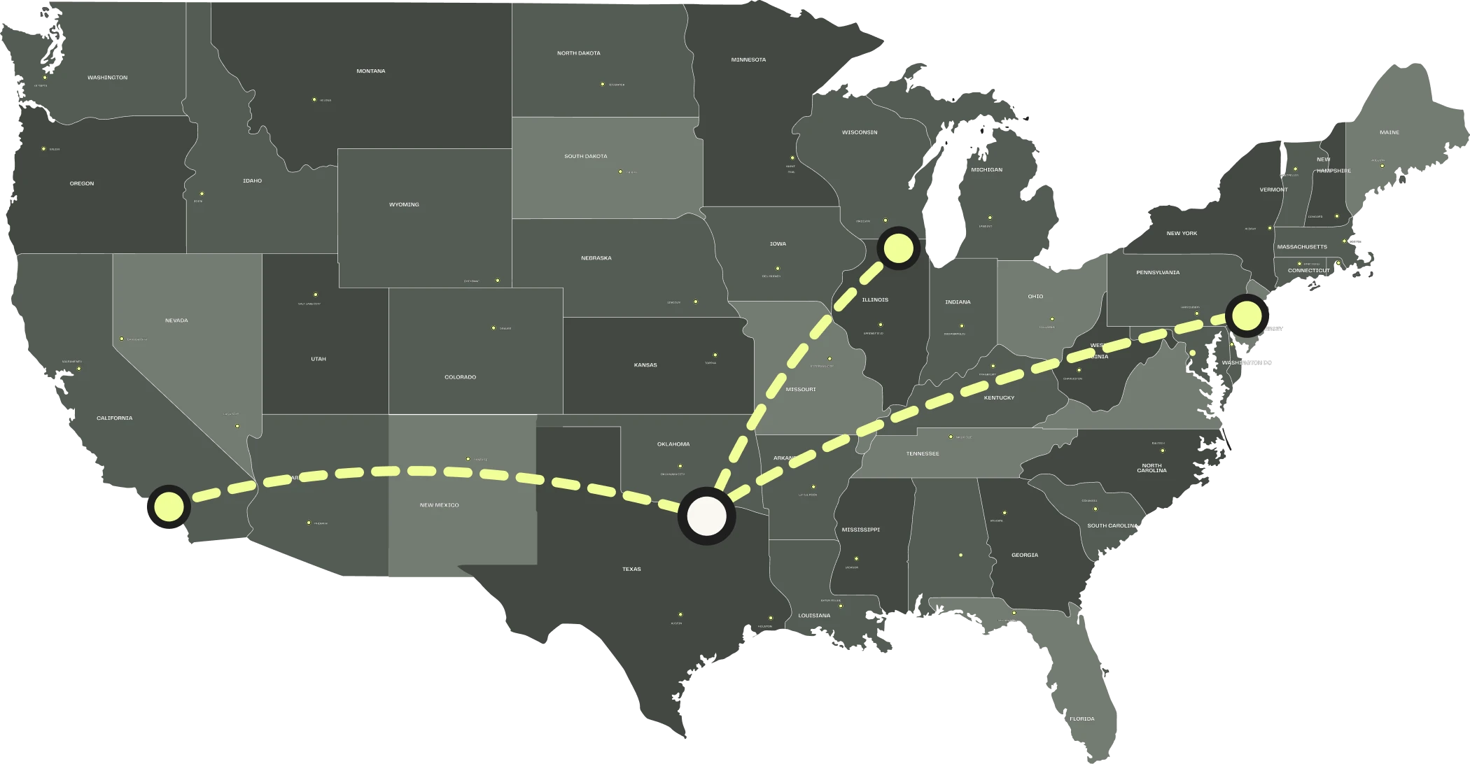 Map showing shipping routes from Dallas to Los Angeles, Chicago, and New Jersey