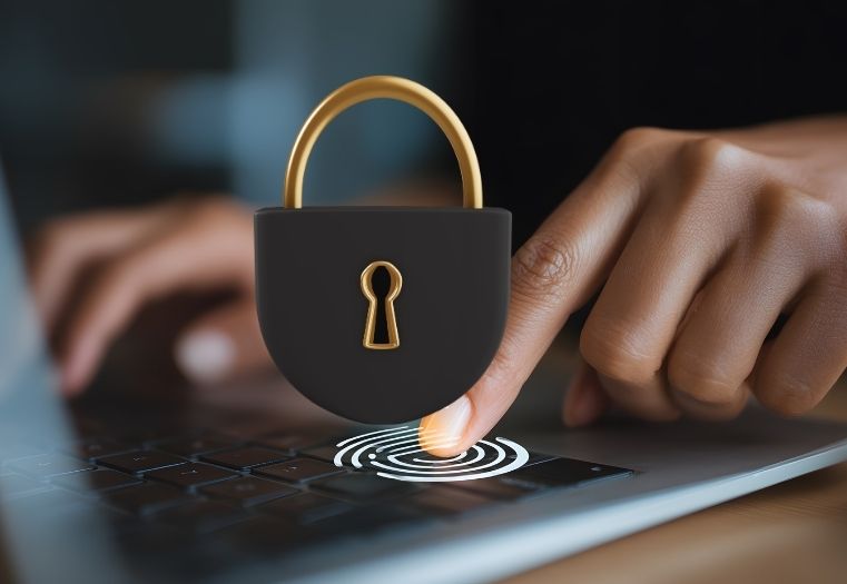 Finger pressing a fingerprint scanner on a laptop keyboard with a padlock icon symbolizing security.