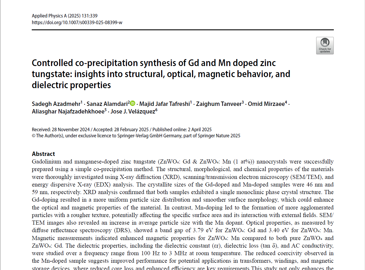 Controlled co-precipitation synthesis of Gd and Mn doped zinc tungstate: insights into structural, optical, magnetic behavior, and dielectric properties