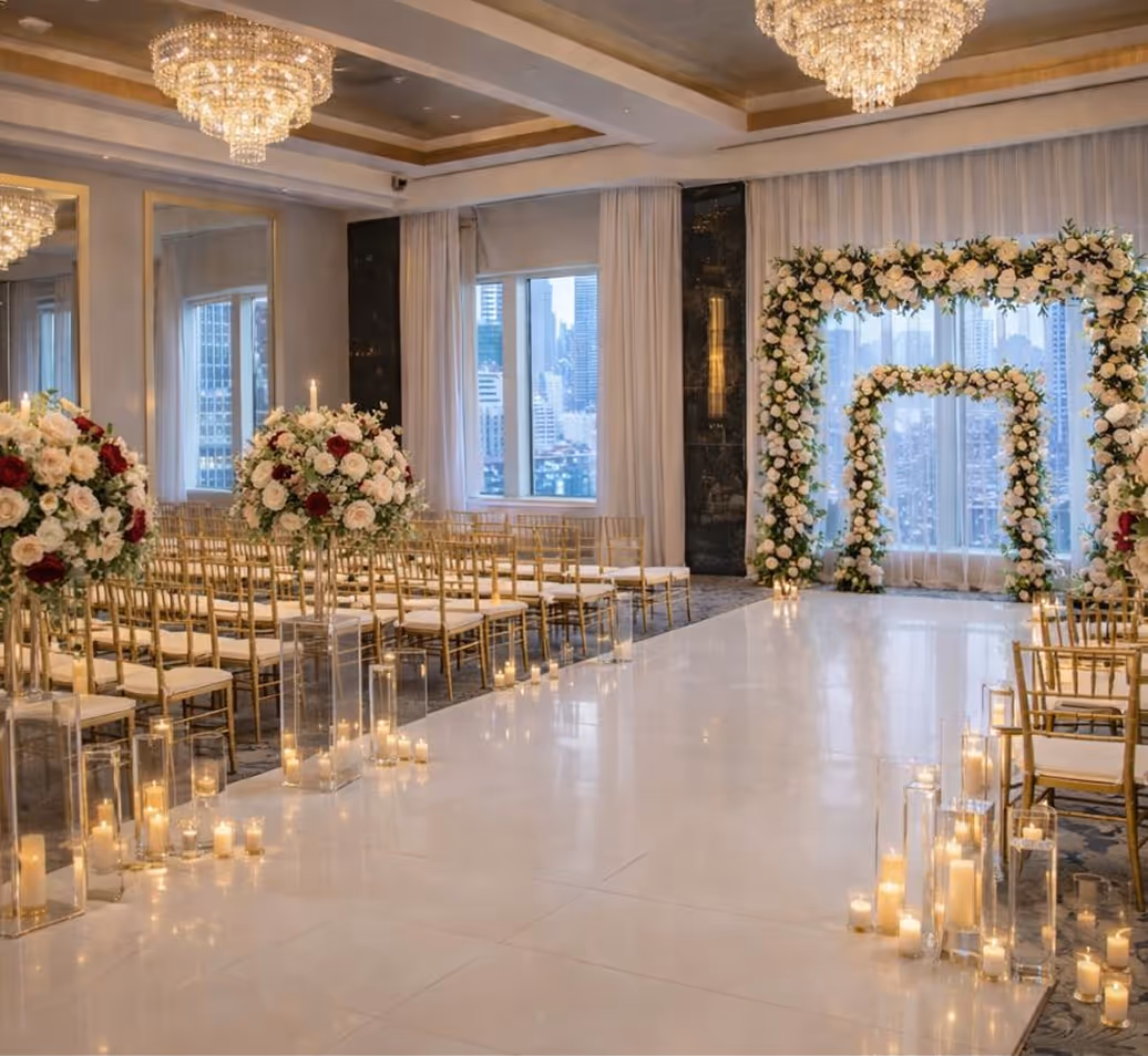 The La Salle Hotel ballroom set up for a wedding ceremony
