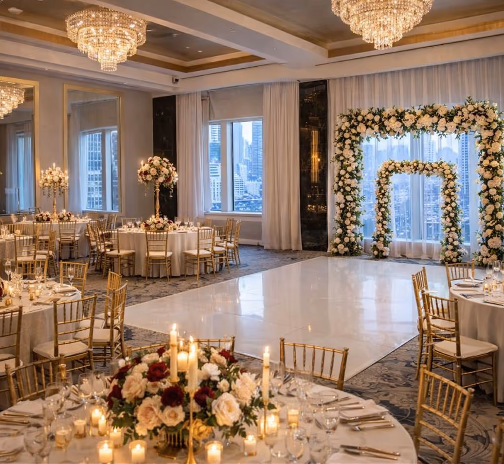 The La Salle Hotel ballroom set up for a wedding