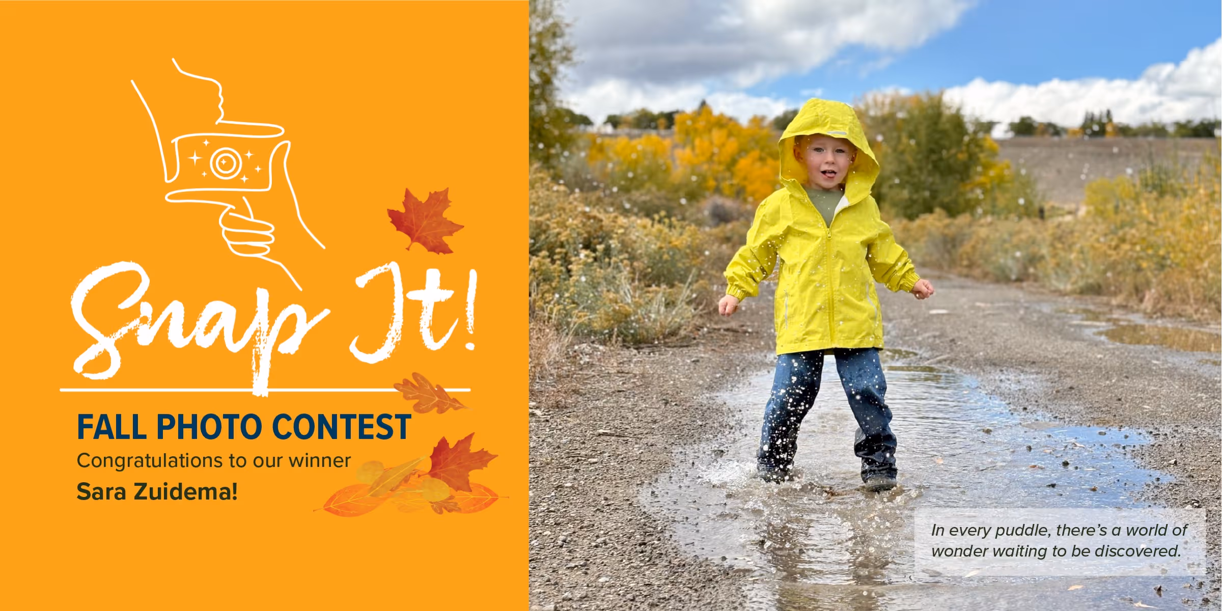 Photo of a kid with a yellow rain jacket jumping on a puddle