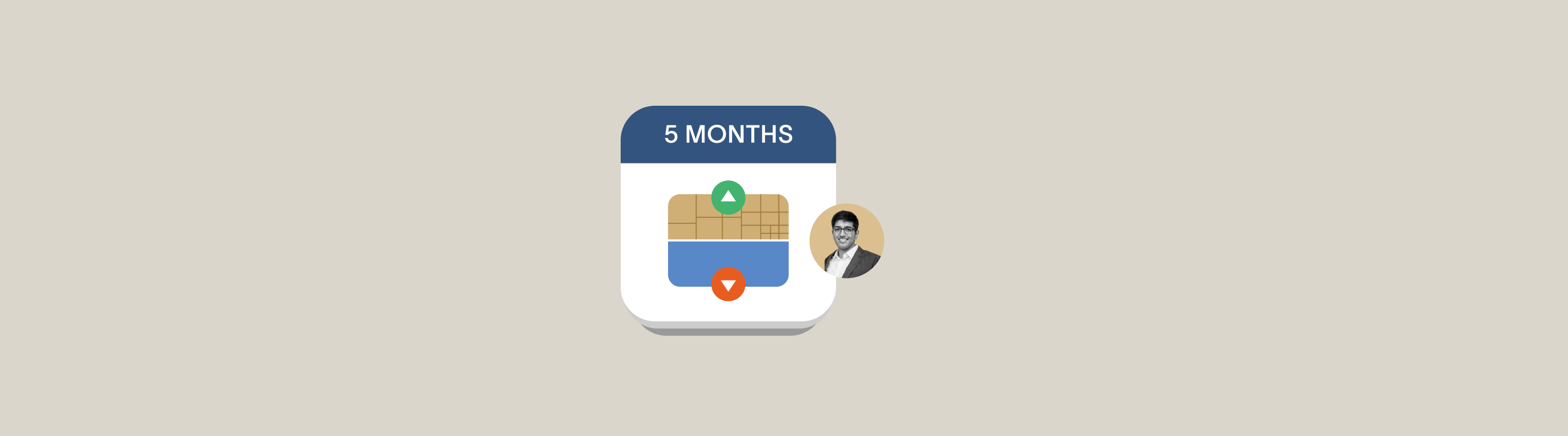 Cache long/short client case study: a 5-month calendar with up and down arrows beside the client's portrait