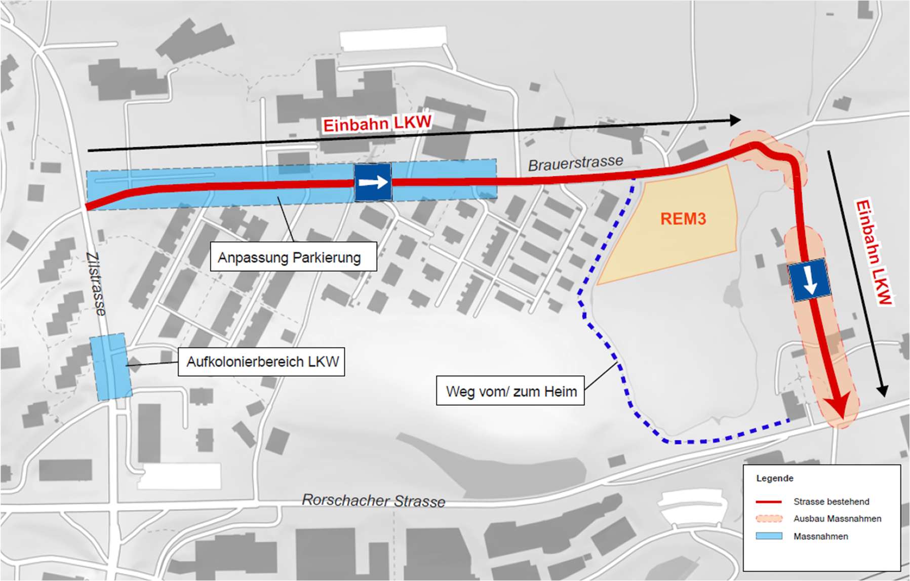 Bestvariante für den Baustellenverkehr: Einbahnführung über Brauerstrasse und Straussenhausweg mit flankierenden Massnahmen