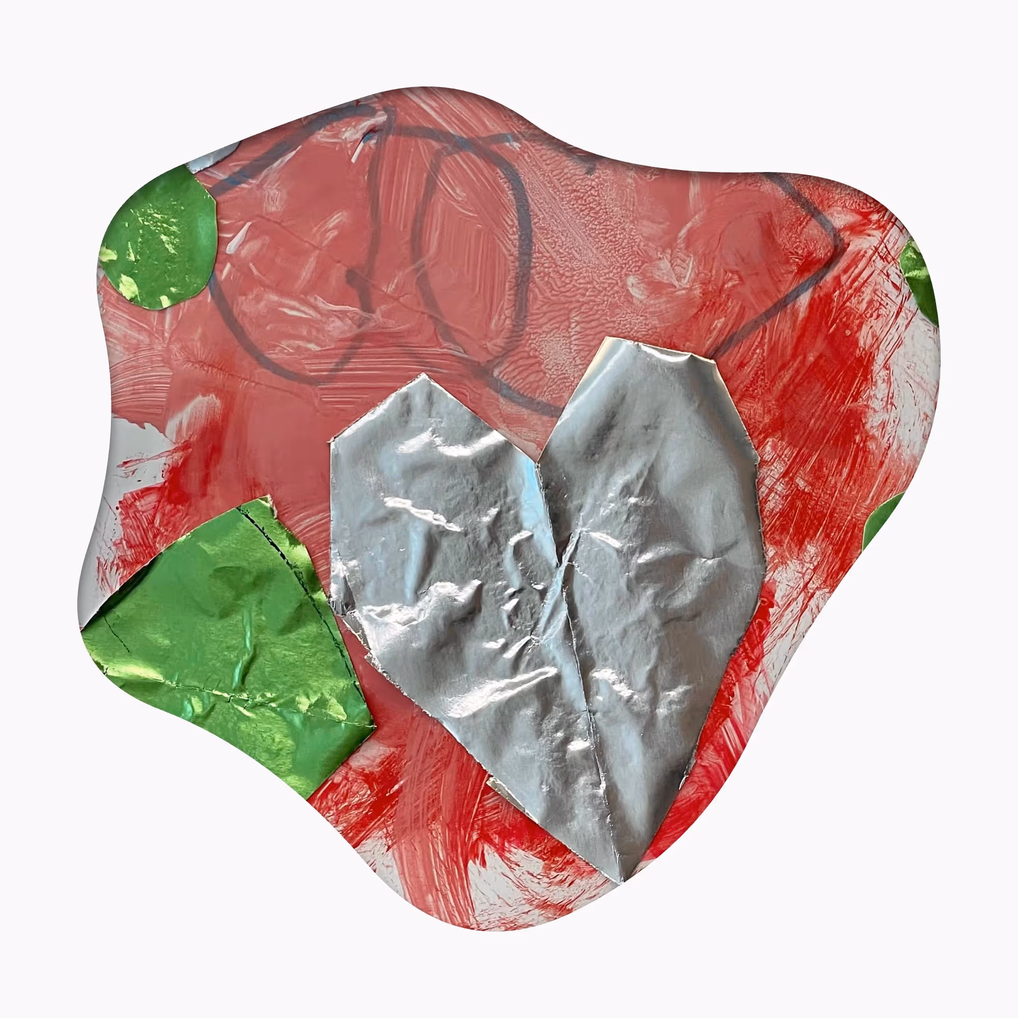 편지의 뒷면. 네 살 아들이 빨간색 물감으로 그린 그림. 흰색, 연두색 은박지로 만든 하트가 붙어있음.