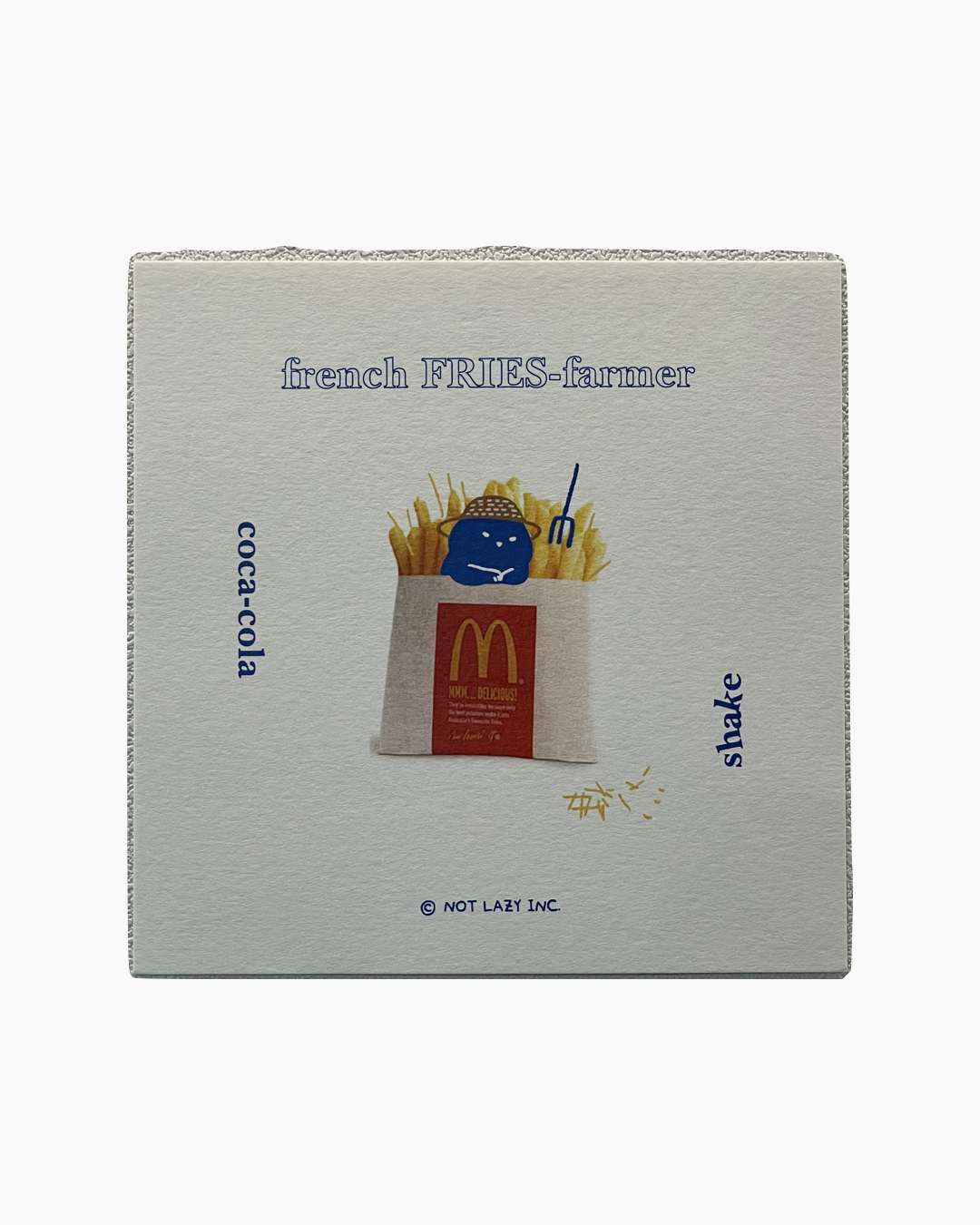 맥도날드 감자튀김 봉지 안에 파란색 캐릭터가 농부 모자와 포크를 들고 있는 귀여운 일러스트.