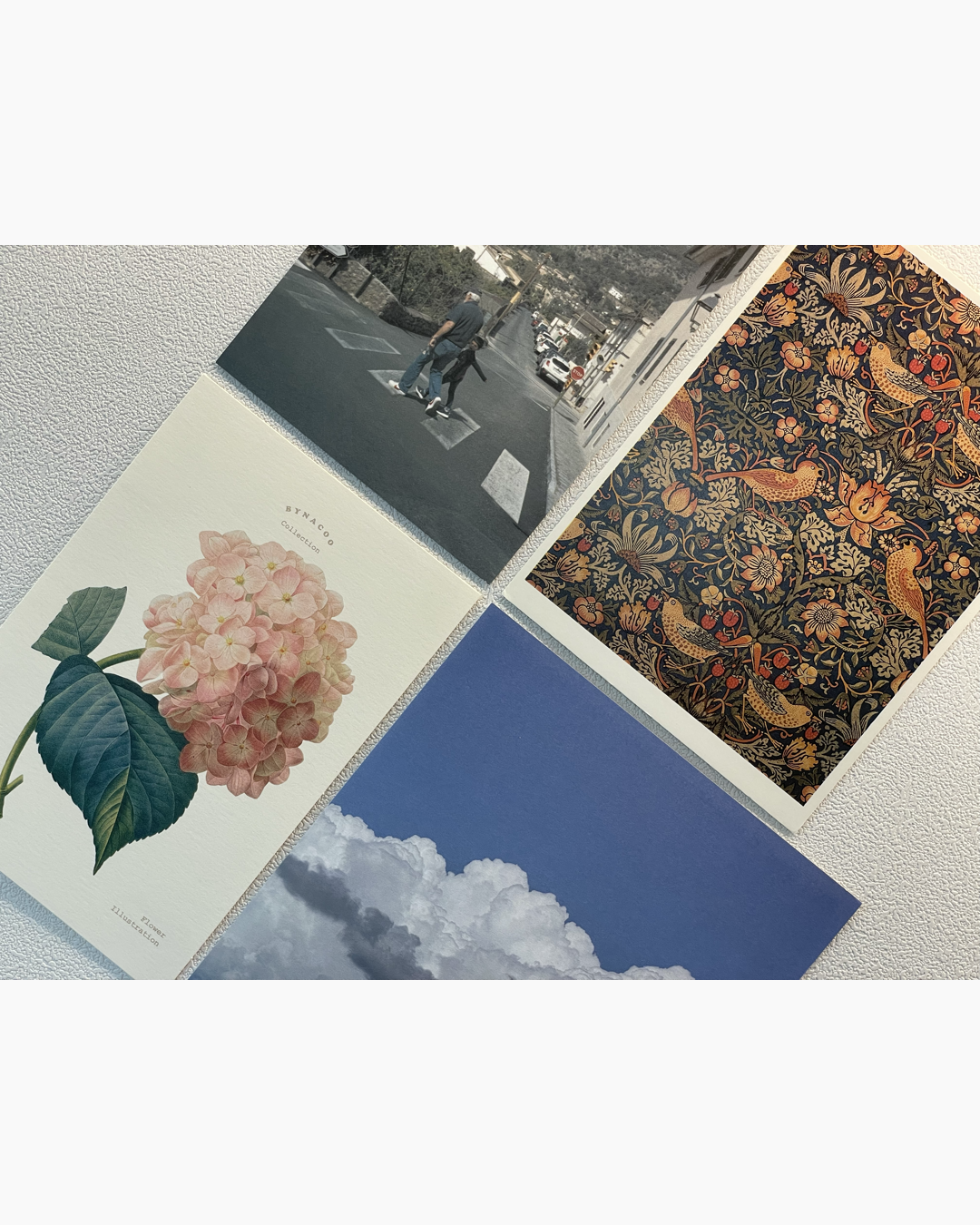 벽에 나란히 붙어 있는 네 장의 그림, 위쪽은 두 사람이 횡단보도를 건너는 사진과 새와 꽃무늬가 있는 장식화, 아래쪽은 분홍색 수국 그림과 푸른 하늘에 흰 구름이 떠 있는 사진.