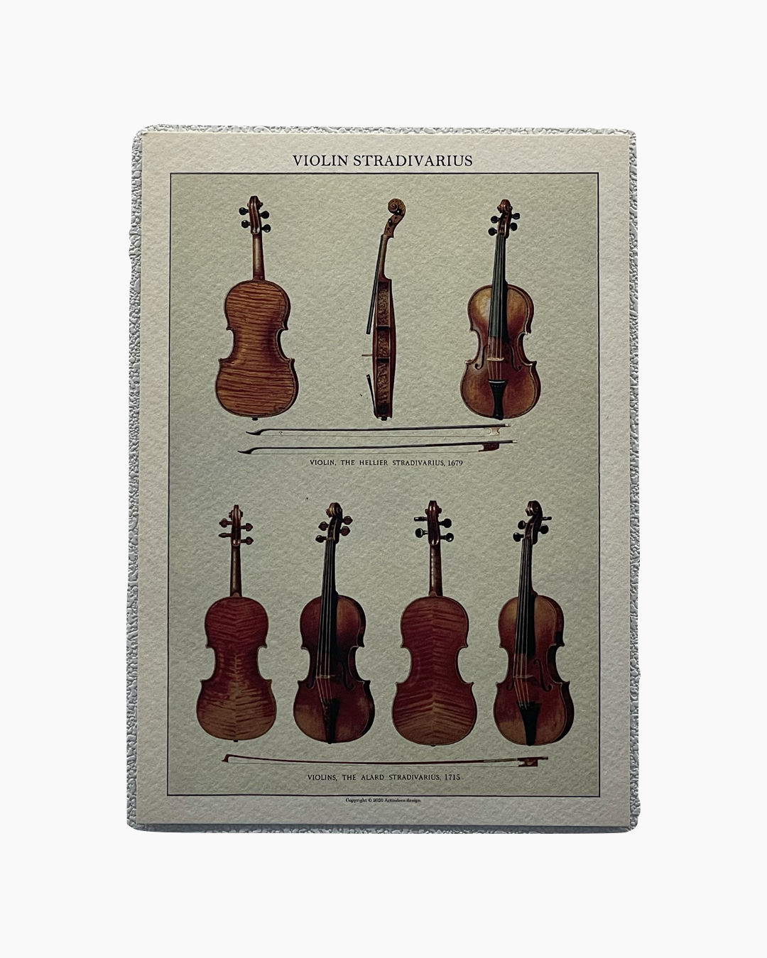 스트라디바리우스 바이올린의 전면, 측면, 배면 모습을 1679년 헬리에 모델과 1715년 알라르 모델로 나누어 도해한 이미지.