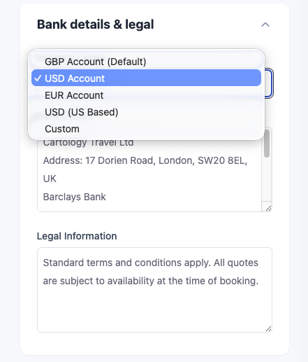 Bank account dropdown in the Tracker