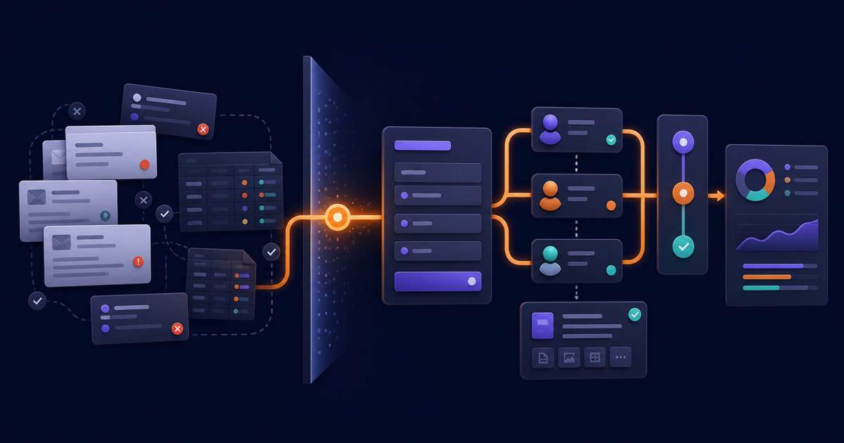 Email cards and spreadsheet trackers transform into a structured approval workflow with routed reviewers, status stages, evidence, and metrics