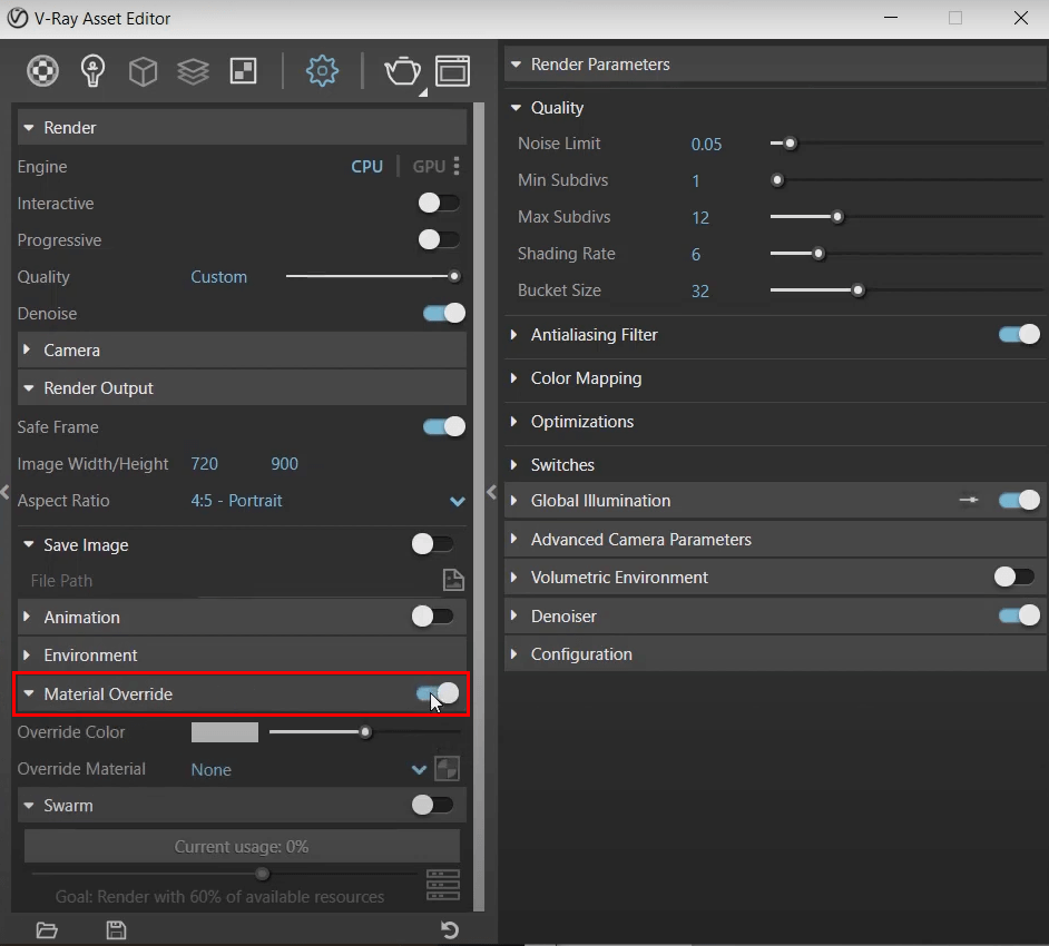Enabling material override in V-Ray for SketchUp