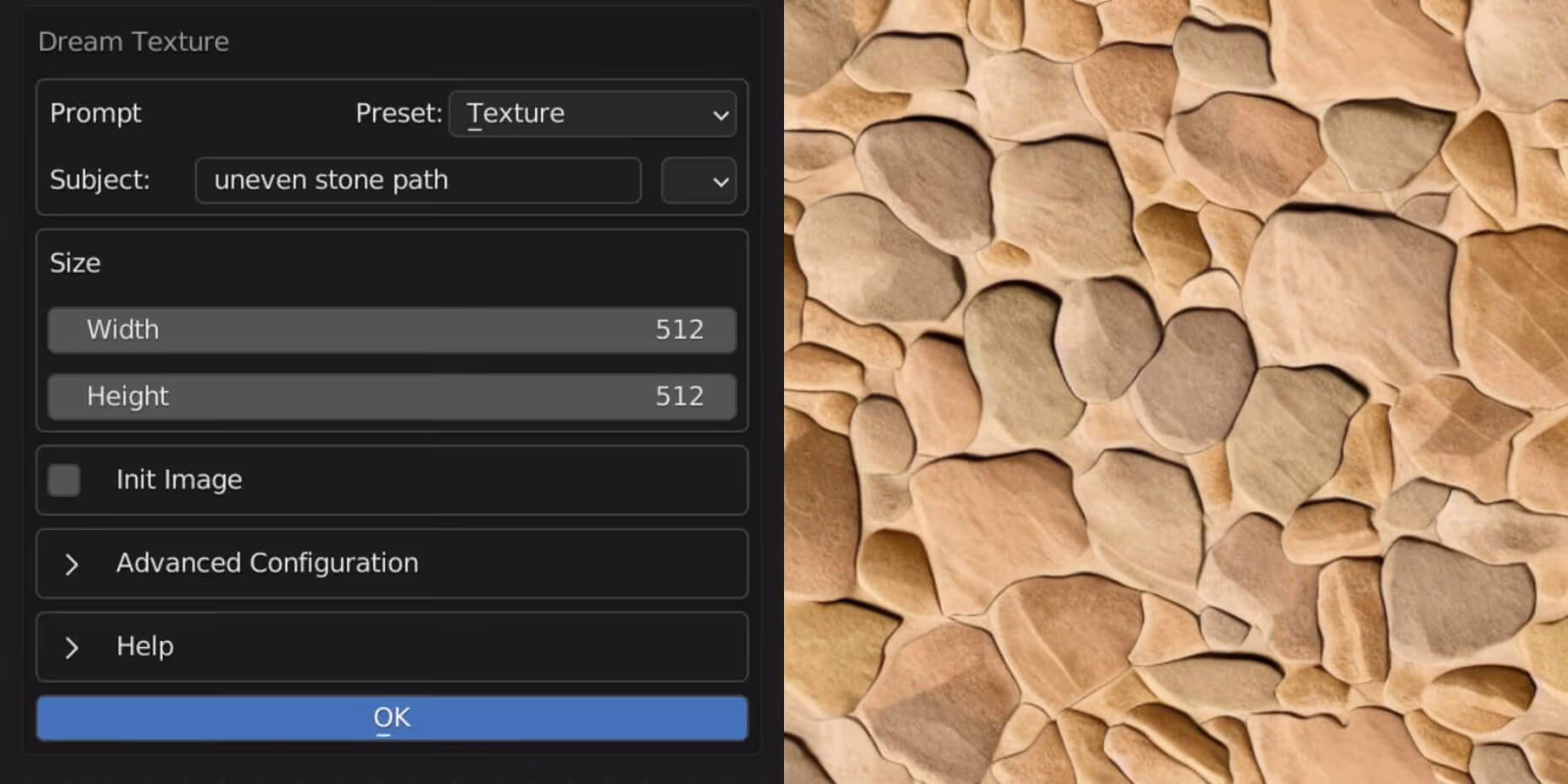 Dream Textures AI texture generation panel inside Blender