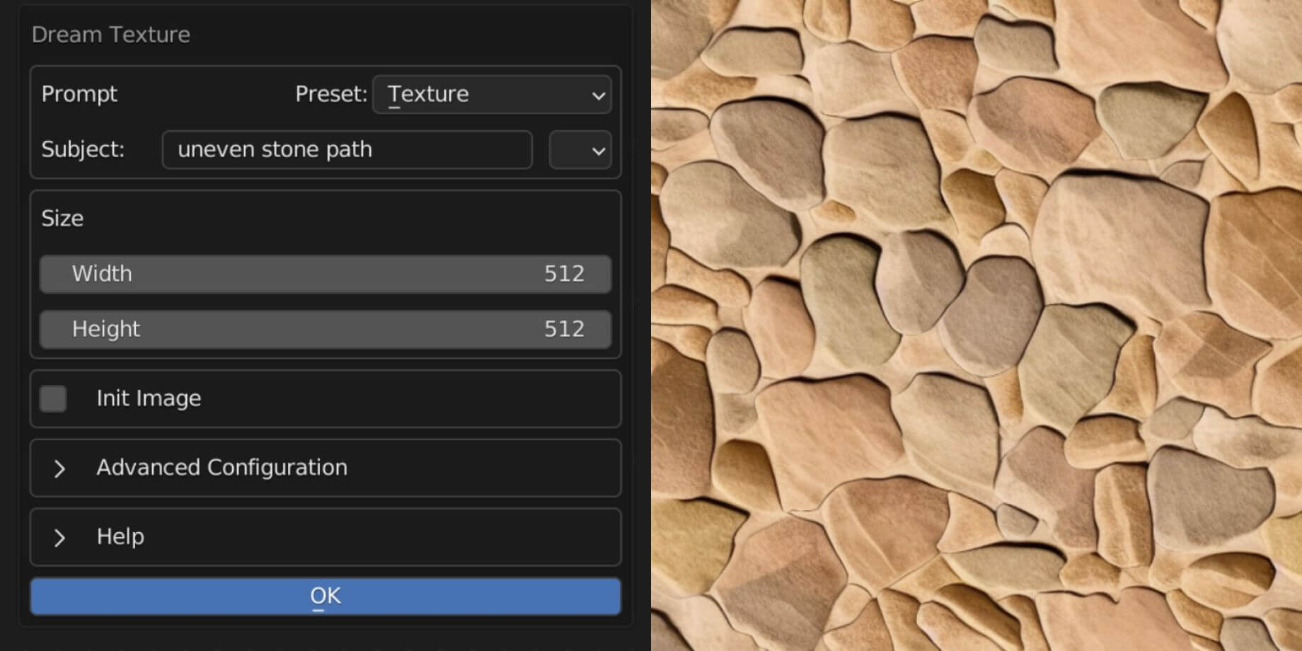 Dream Textures AI texture generation panel inside Blender