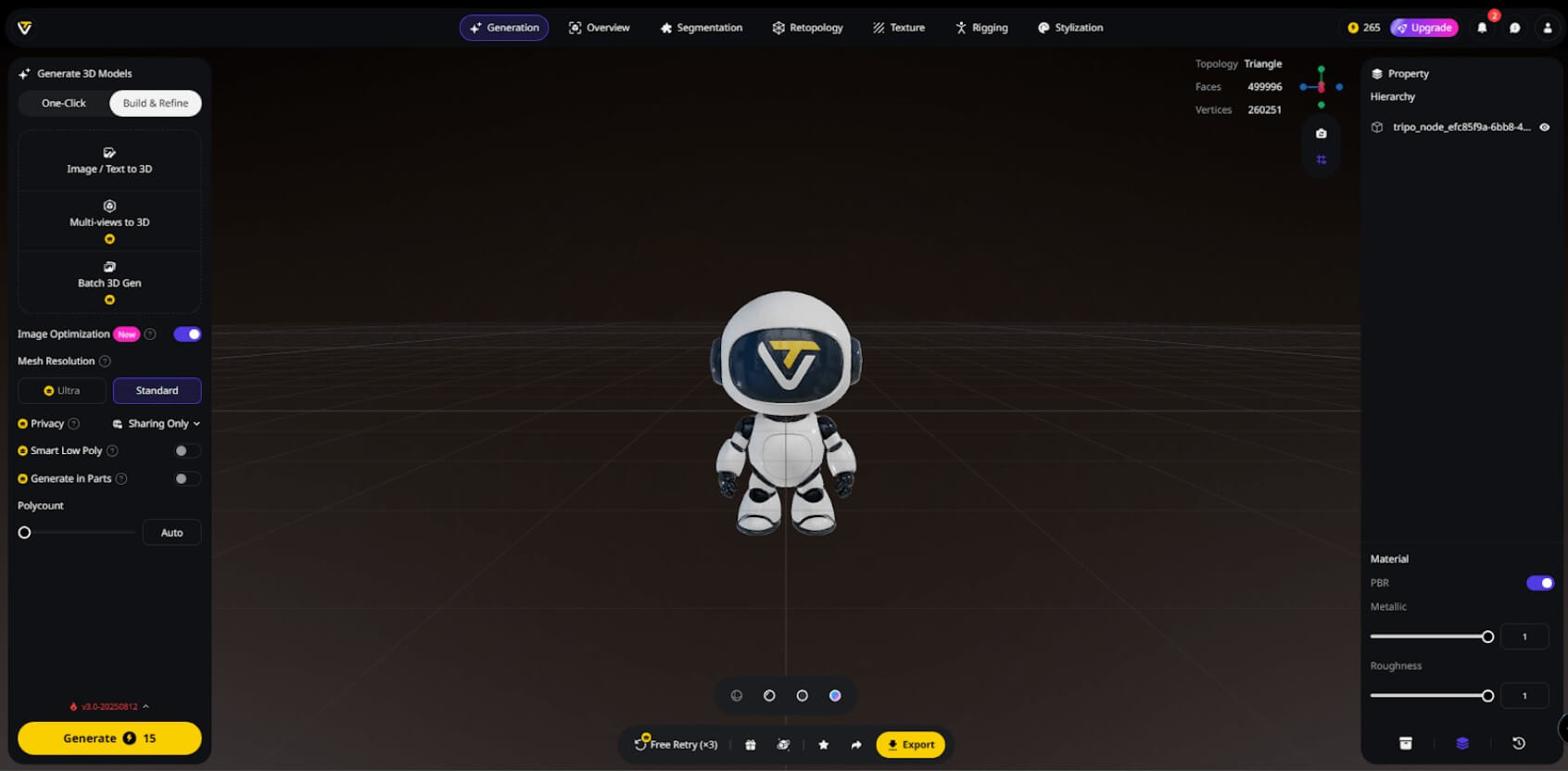 Tripo AI text-to-3D character generation interface