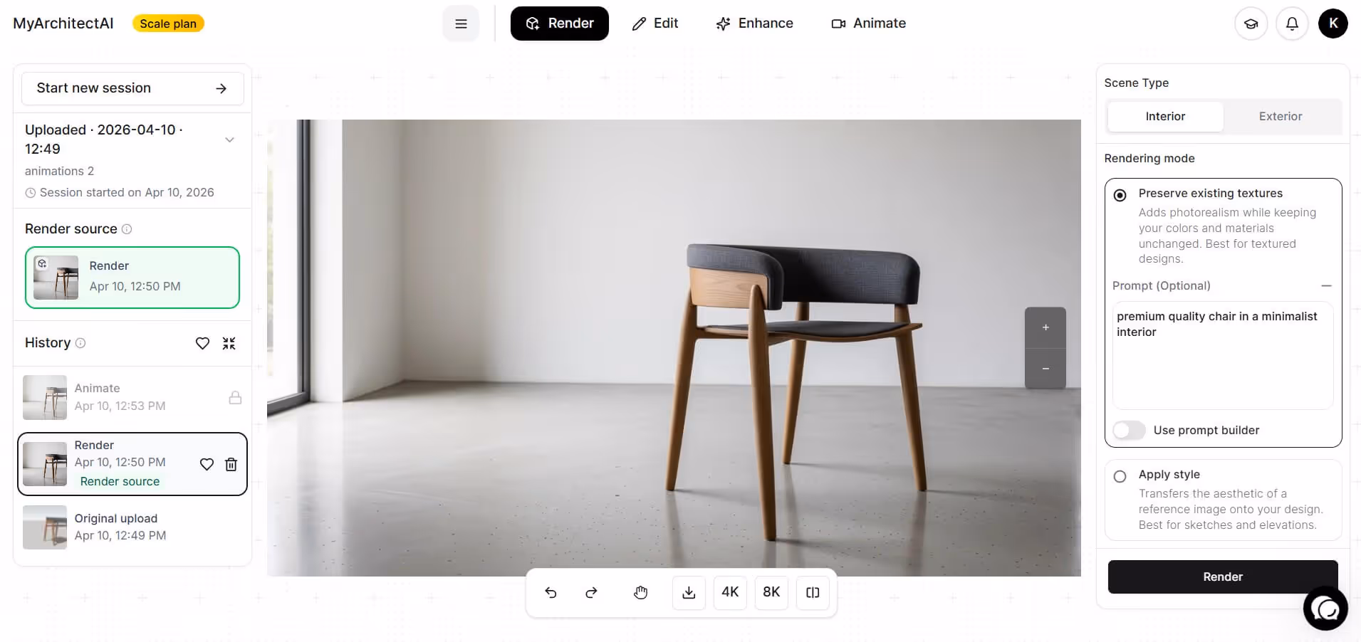 MyArchitectAI photorealistic furniture render from a Blender model