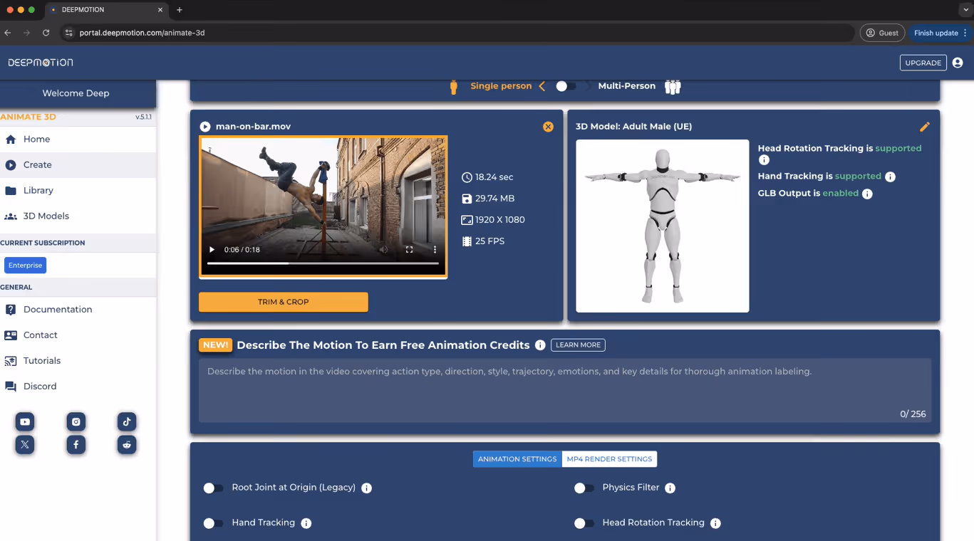 DeepMotion AI motion capture animation imported into Blender