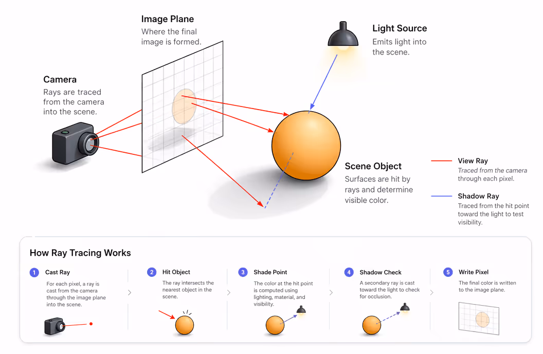 Diagram showing how ray tracing simulates light paths in a 3D architectural scene