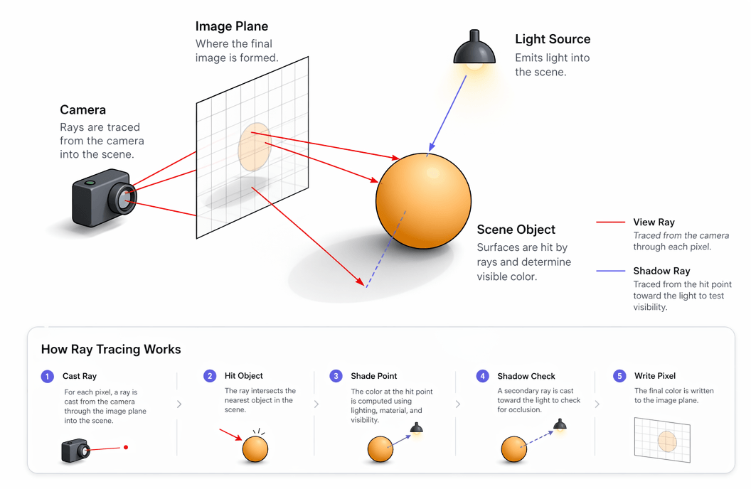 Diagram showing how ray tracing simulates light paths in a 3D architectural scene