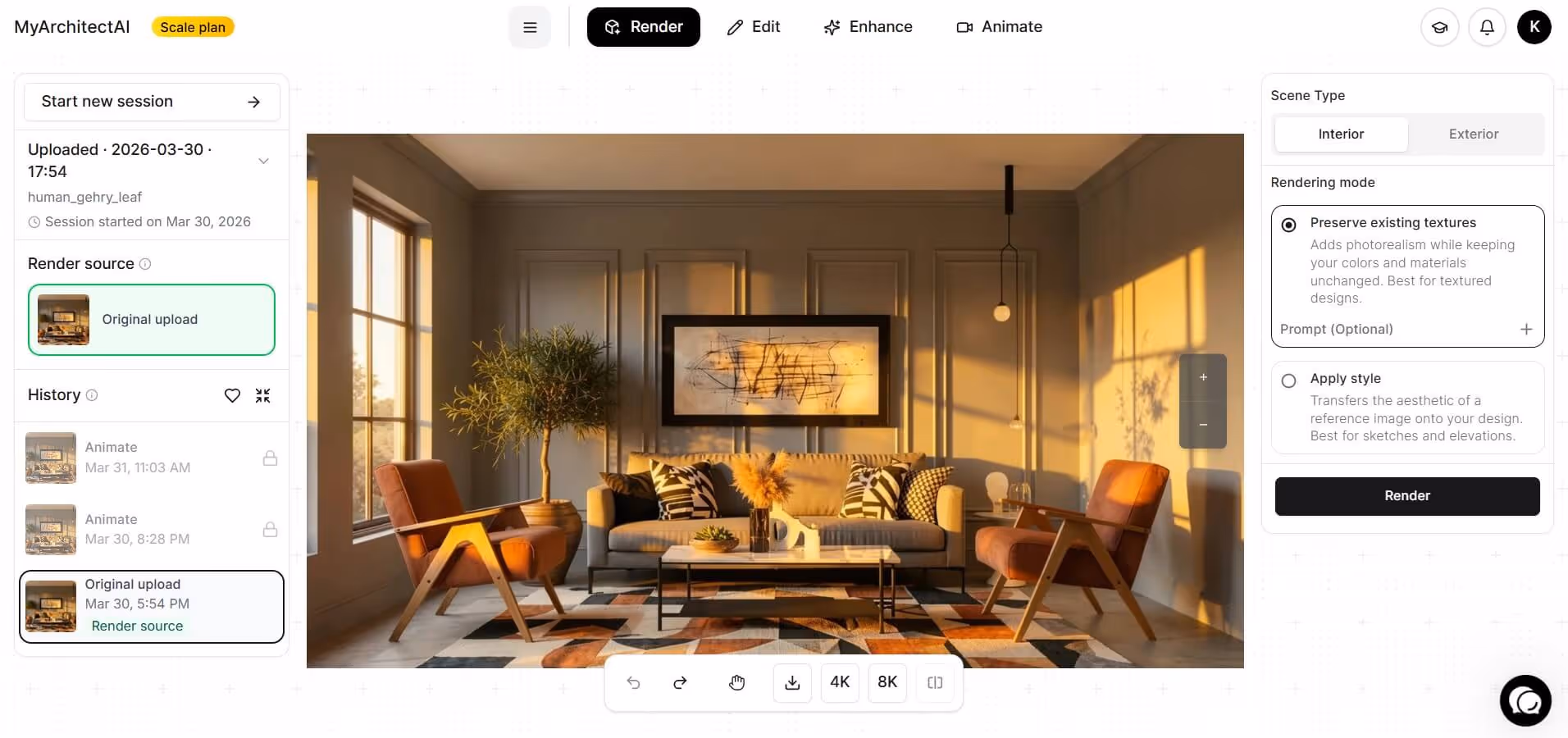 Photorealistic interior render generated by MyArchitectAI from a model export