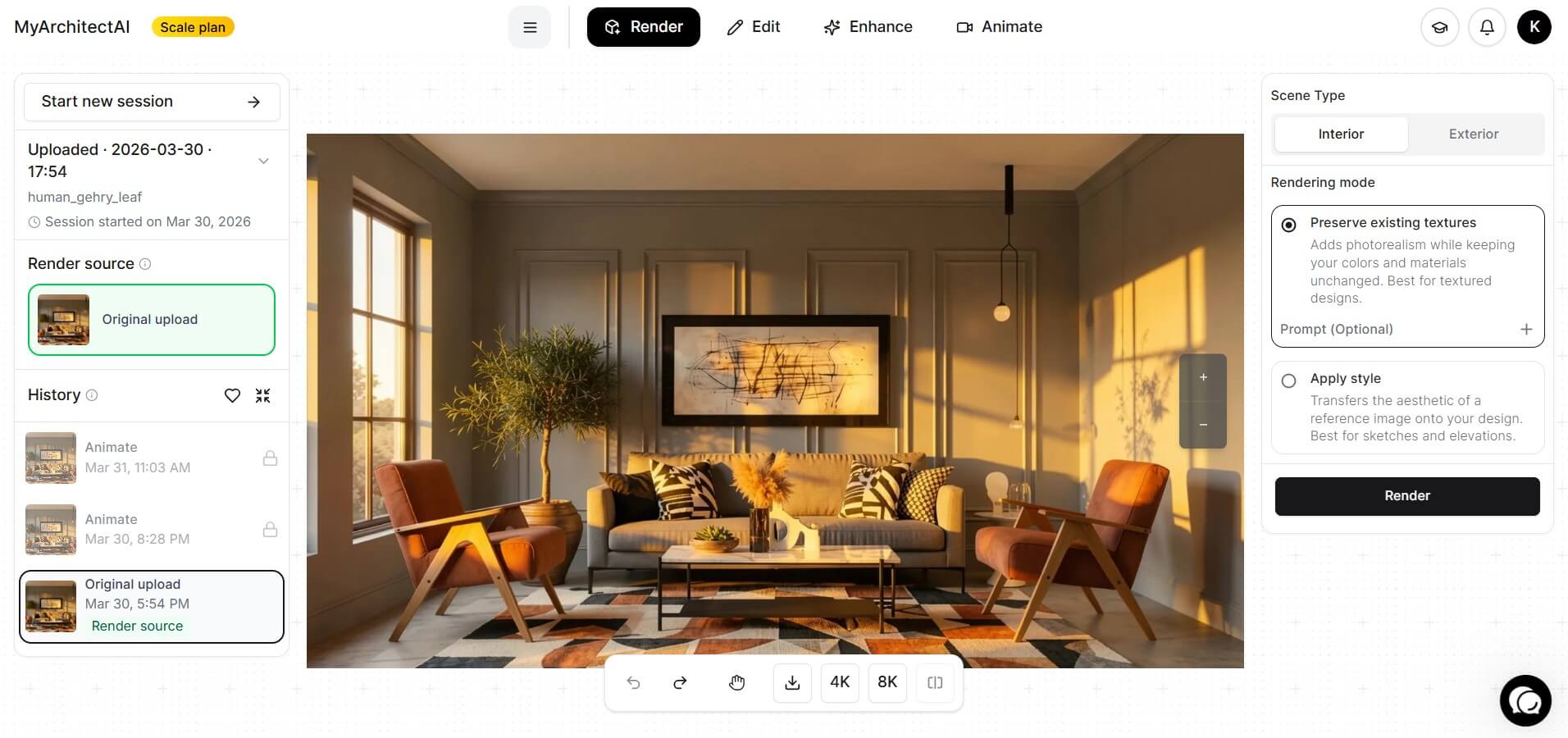 Photorealistic interior render generated by MyArchitectAI from a model export